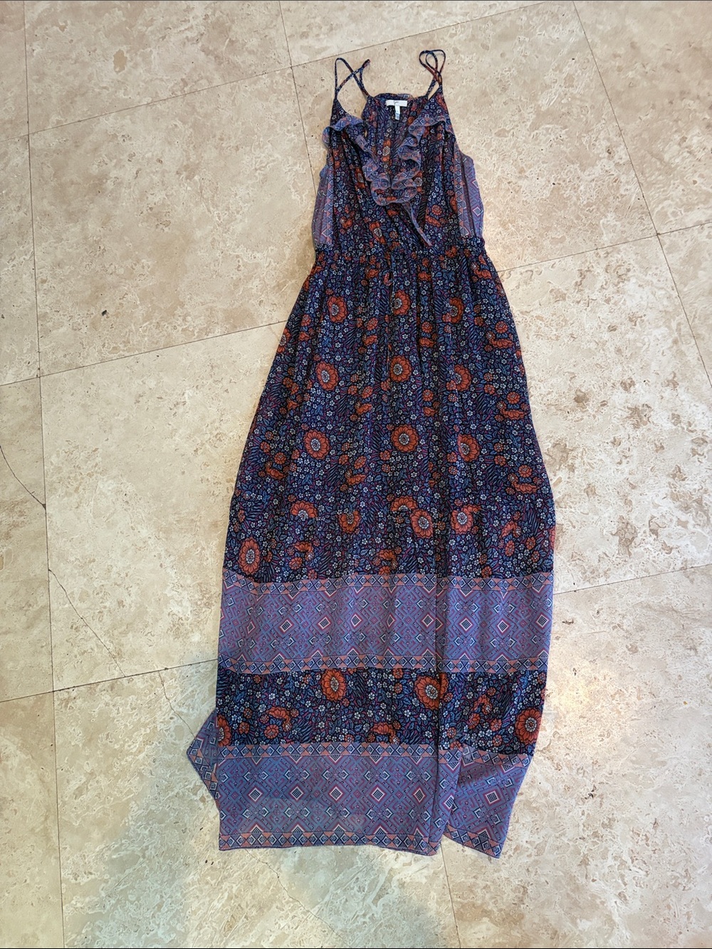 Joie Navy & Rust Printed Ruffle Maxi Dress
